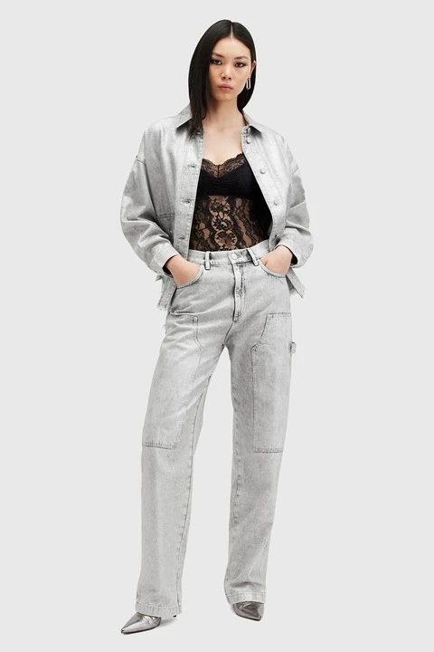 AllSaints, Blugi cu talie inalta si aspect decolorat, Gri deschis