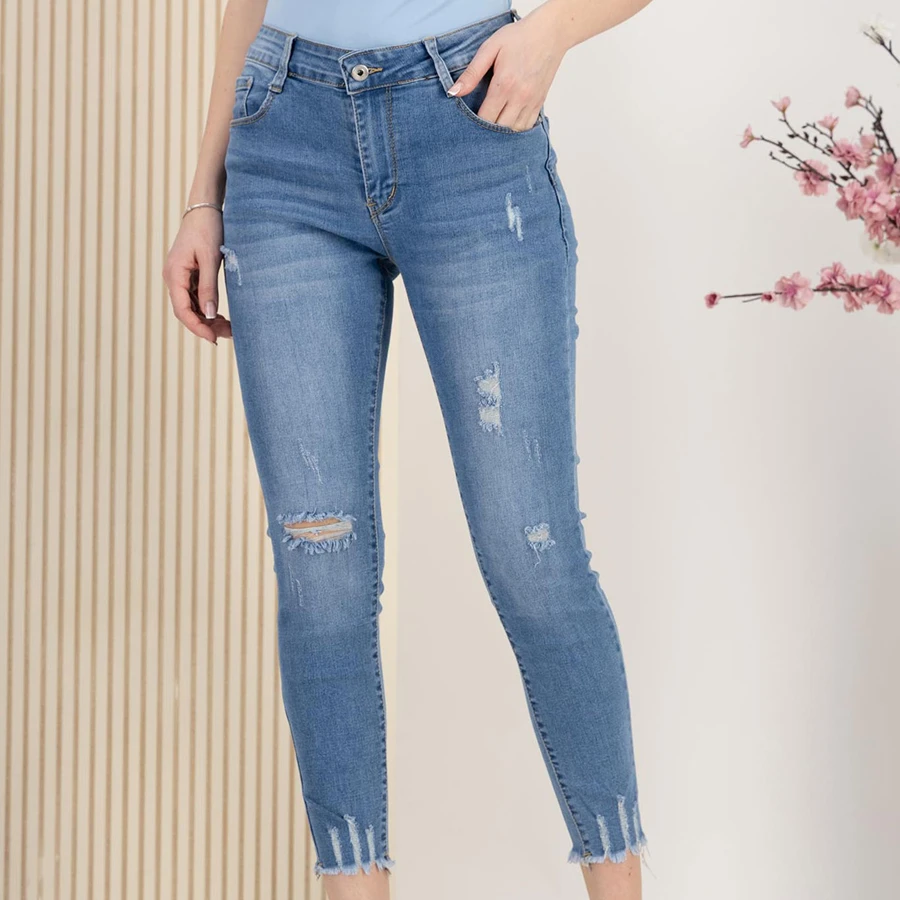 Blugi lungi skinny albastri cu talie inalta si mici rupturi de material